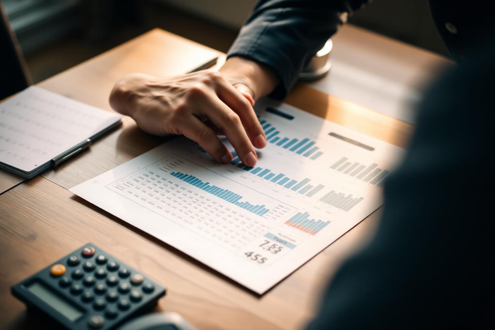 An owner reviewing a clean financial dashboard at a wooden desk — capital-ready Main Street