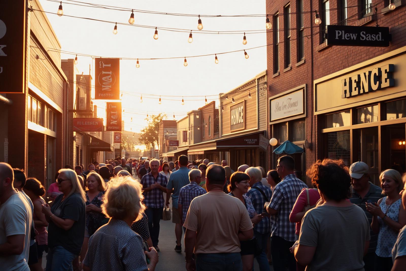 Neighbors and local business owners gathered on a Main Street block at golden hour