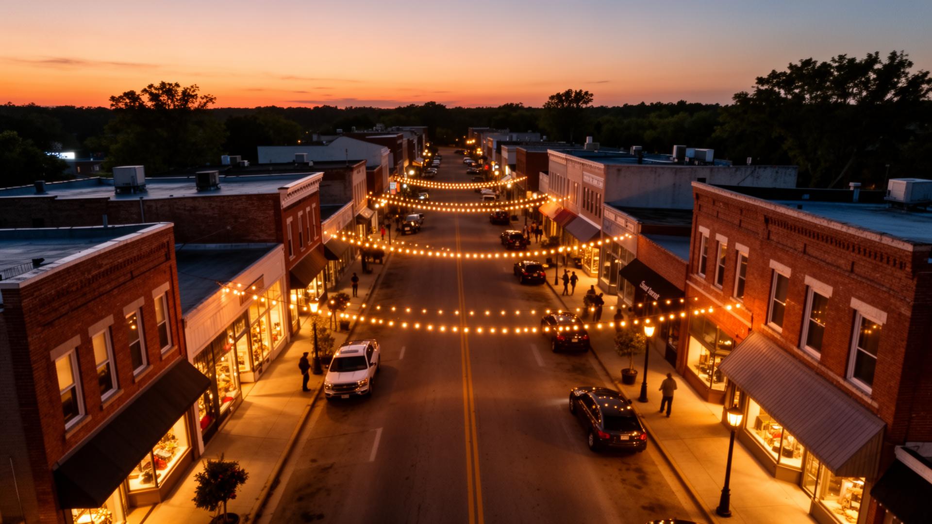 Aerial view of a small-town Main Street at dusk with glowing shopfronts and string lights