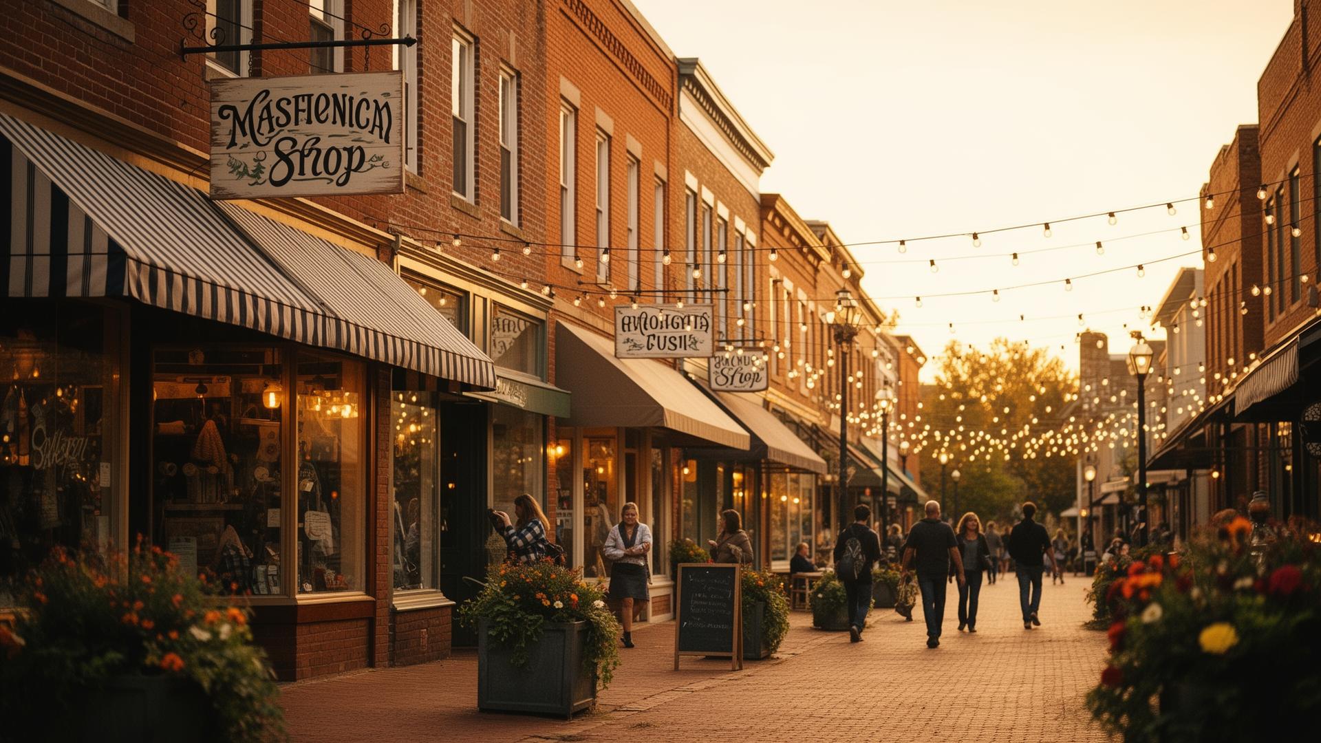 A warm small-town Main Street at golden hour with brick storefronts, awnings and string lights