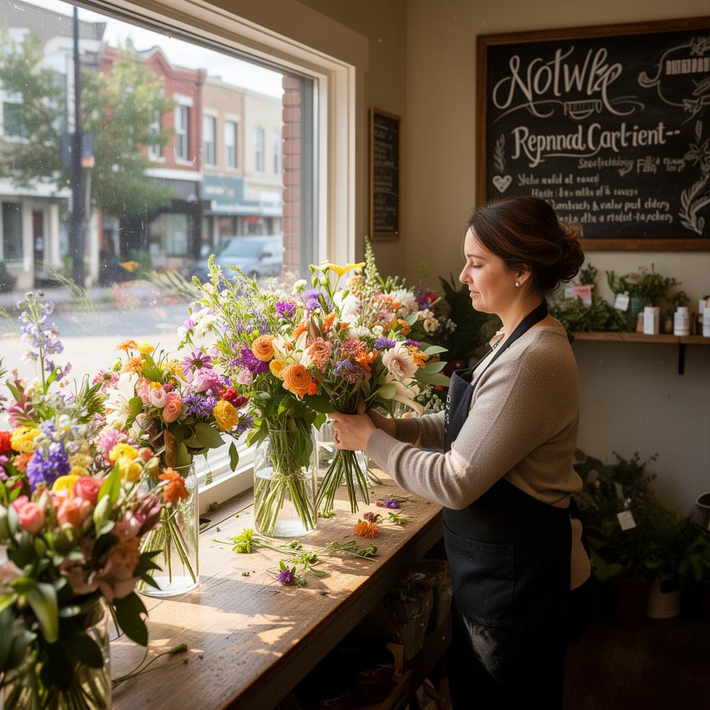 Florist arranging bouquets at her storefront